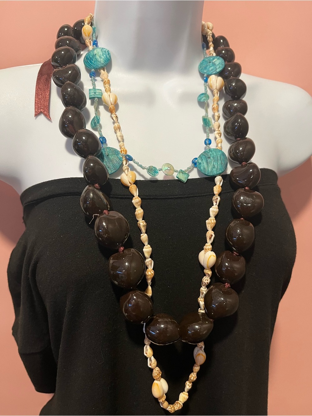 Handmade Layered Beach Necklace Set in Brown, Turquoise, and Cream